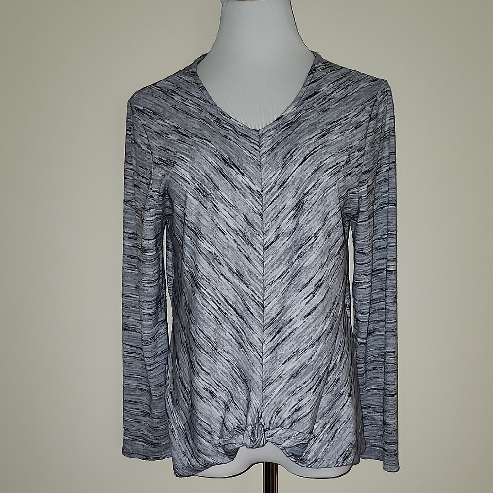 Chico's Marled Light Gray V-Neck Long Sleeve Tie Front Top (Large)